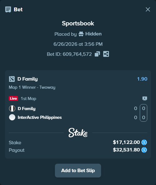 Bet slip: D Family - InterActive Philippines, $17,122.00 stake at 1.90 odds, placed by Hidden
