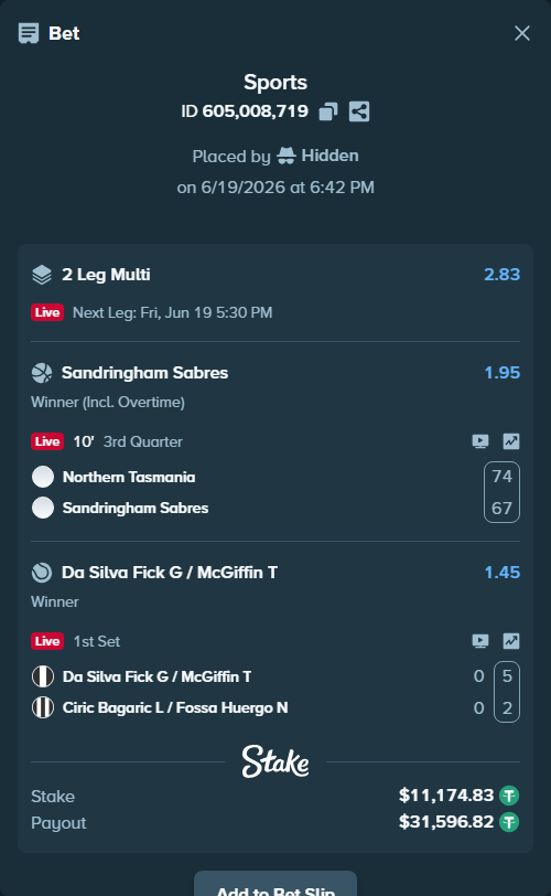 Bet slip: Da Silva Fick G / McGiffin T - Ciric Bagaric L / Fossa Huergo N, $11,186.00 stake at 1.45 odds, placed by Hidden