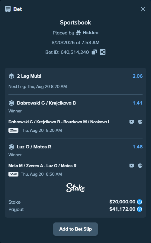 Bet slip: Dabrowski G / Krejcikova B - Bouzkova M / Noskova L, $20,000.00 stake at 1.41 odds, placed by Hidden