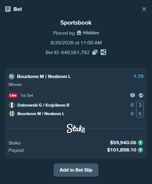 Bet slip: Dabrowski G / Krejcikova B - Bouzkova M / Noskova L, $60,000.00 stake at 1.70 odds, placed by Hidden