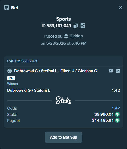 Bet slip: Dabrowski G / Stefani L - Eikeri U / Gleason Q, $10,000.00 stake at 1.42 odds, placed by Hidden