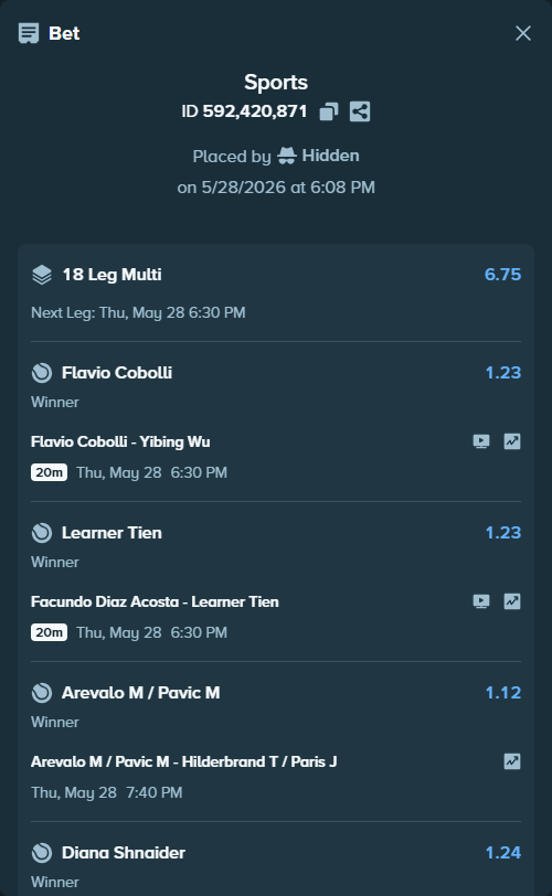 Bet slip: Dabrowski G / Stefani L - Pridankina E / Tang Q, $110,000.00 stake at 1.13 odds, placed by Hidden