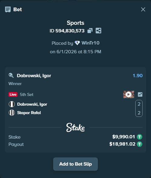 Bet slip: Dabrowski, Igor - Stapor Rafal, $10,000.00 stake at 1.90 odds, placed by WinTr10