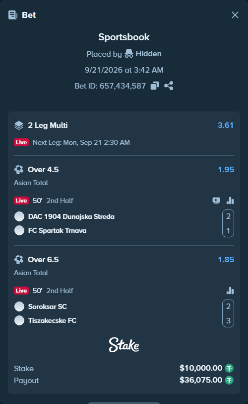 Bet slip: DAC 1904 Dunajska Streda - FC Spartak Trnava, $10,000.00 stake at 1.95 odds, placed by Hidden