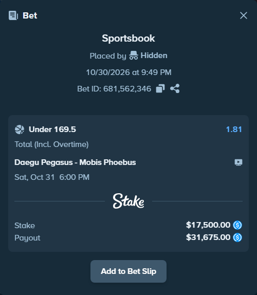 Bet slip: Daegu Pegasus - Mobis Phoebus, $17,500.00 stake at 1.81 odds, placed by Hidden