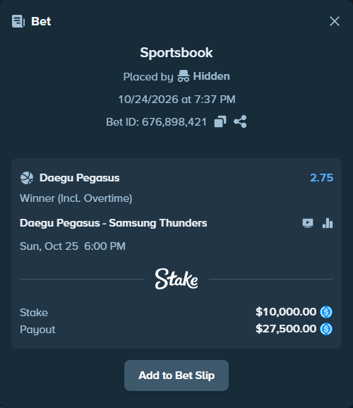 Bet slip: Daegu Pegasus - Samsung Thunders, $10,000.00 stake at 2.75 odds, placed by Hidden