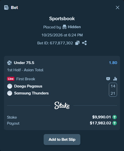 Bet slip: Daegu Pegasus - Samsung Thunders, $10,000.00 stake at 1.80 odds, placed by Rovangood