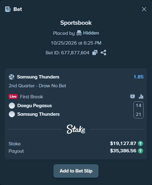 Bet slip: Daegu Pegasus - Samsung Thunders, $19,147.00 stake at 1.85 odds, placed by Hidden