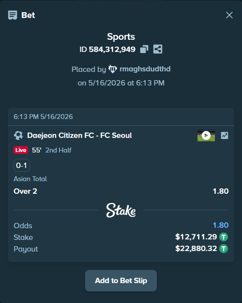 Bet slip: Daejeon Citizen FC - FC Seoul, $12,724.00 stake at 1.80 odds, placed by rmaghsdudthd