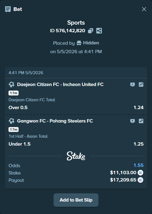 Bet slip: Daejeon Citizen FC - Incheon United FC, $9,624.09 stake at 1.24 odds, placed by Hidden