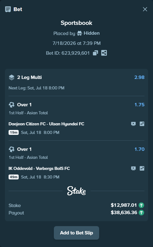 Bet slip: Daejeon Citizen FC - Ulsan HD FC, $13,000.00 stake at 1.75 odds, placed by Hidden