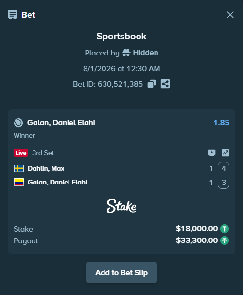 Bet slip: Dahlin, Max - Galan, Daniel Elahi, $18,018.00 stake at 1.85 odds, placed by Hidden