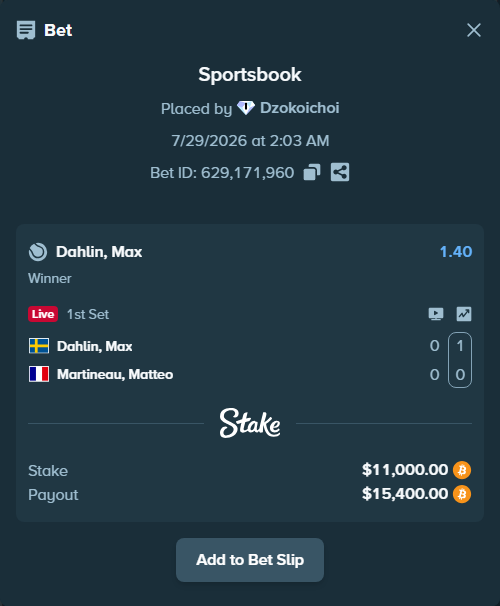 Bet slip: Dahlin, Max - Martineau, Matteo, $11,101.68 stake at 1.40 odds, placed by Dzokoichoi
