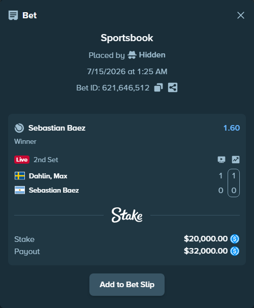 Bet slip: Dahlin, Max - Sebastian Baez, $20,000.00 stake at 1.60 odds, placed by Hidden