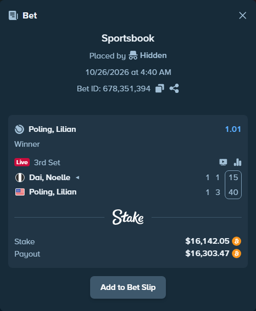 Bet slip: Dai, Noelle - Poling, Lilian, $16,103.60 stake at 1.01 odds, placed by Hidden