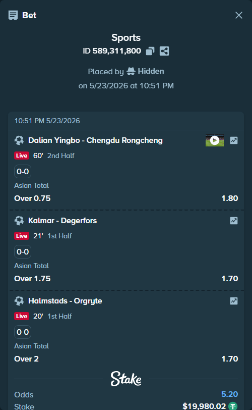 Bet slip: Dalian Yingbo - Chengdu Rongcheng, $20,000.00 stake at 1.80 odds, placed by Hidden
