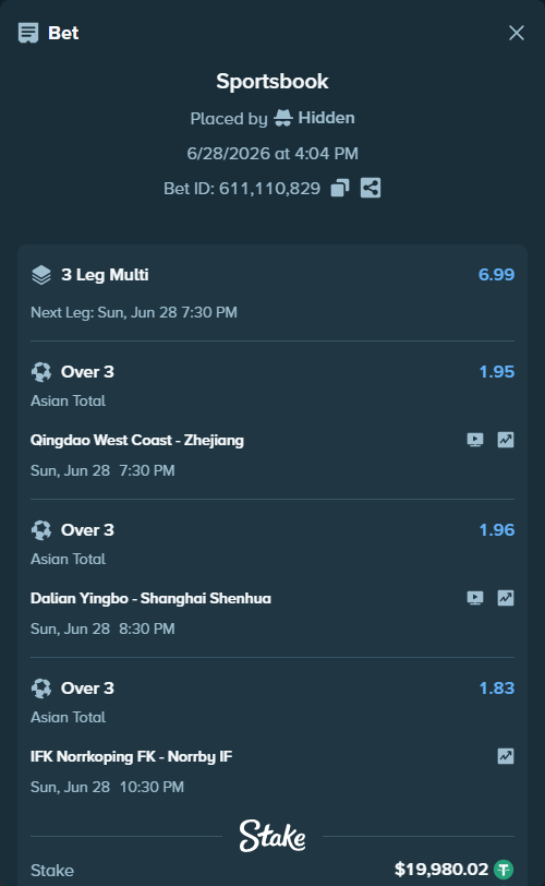 Bet slip: Dalian Yingbo - Shanghai Shenhua FC, $20,000.00 stake at 1.96 odds, placed by Hidden