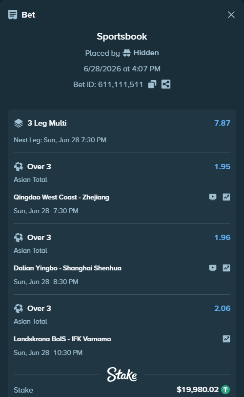 Bet slip: Dalian Yingbo - Shanghai Shenhua FC, $20,000.00 stake at 1.96 odds, placed by Hidden
