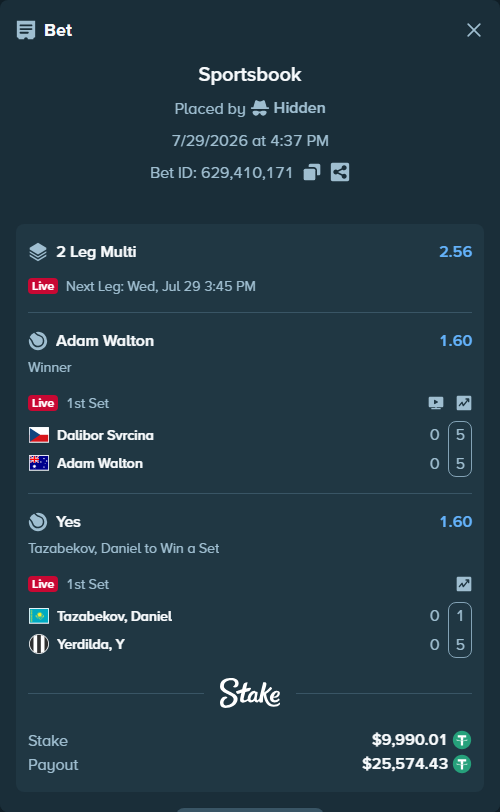 Bet slip: Dalibor Svrcina - Adam Walton, $10,000.00 stake at 1.60 odds, placed by Hidden