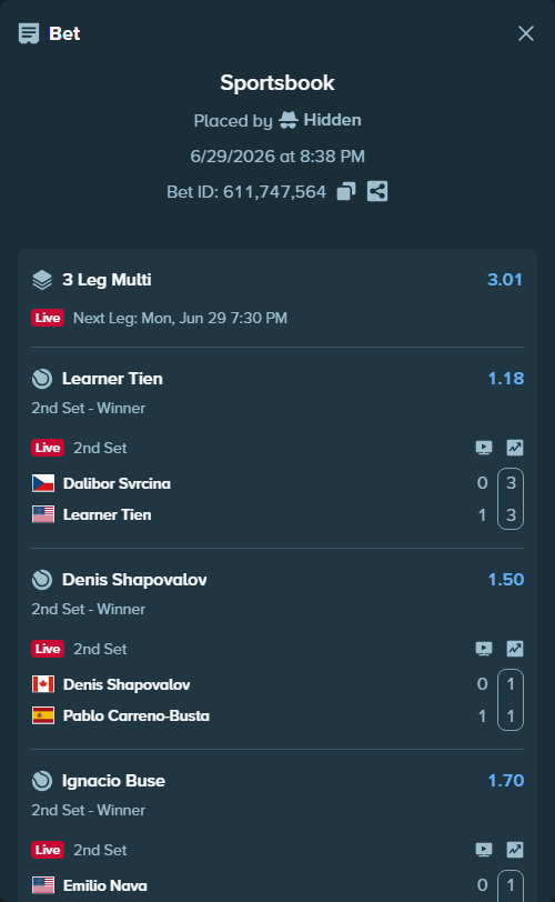 Bet slip: Dalibor Svrcina - Learner Tien, $11,765.00 stake at 1.18 odds, placed by Hidden
