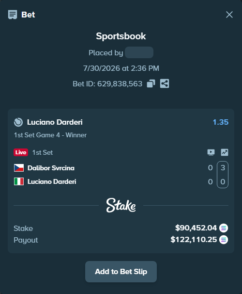 Bet slip: Dalibor Svrcina - Luciano Darderi, $89,460.56 stake at 1.35 odds, placed by Prettylfacko98