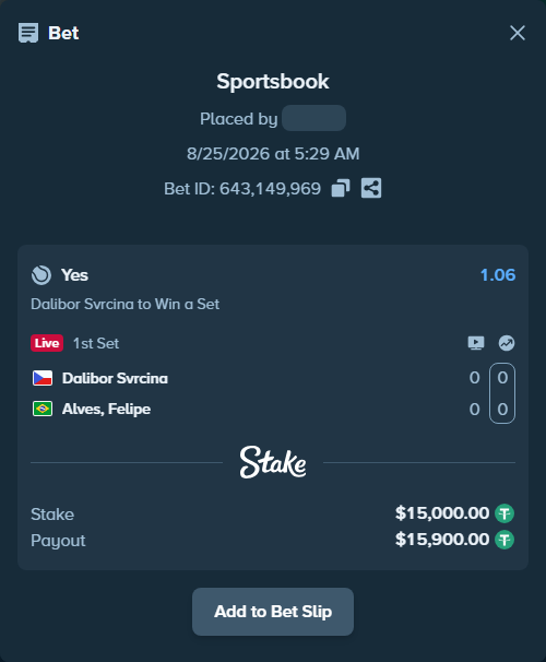 Bet slip: Dalibor Svrcina - Meligeni Alves, Felipe, $15,000.00 stake at 1.06 odds, placed by PimpoTheGreat