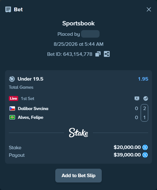 Bet slip: Dalibor Svrcina - Meligeni Alves, Felipe, $20,000.00 stake at 1.95 odds, placed by privetmedvet15