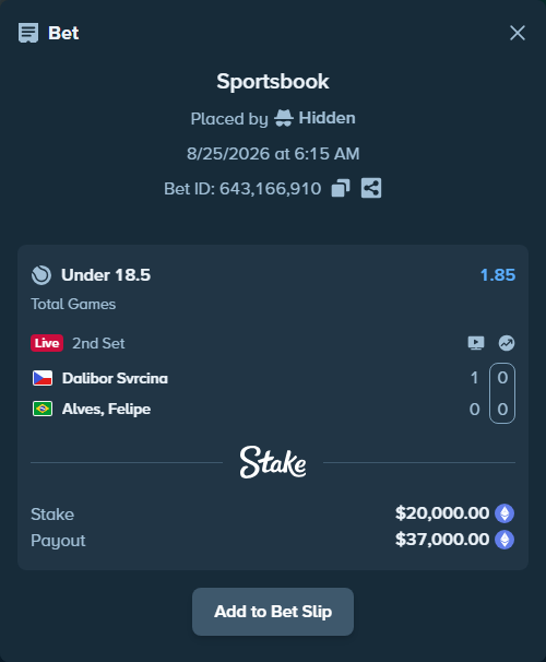 Bet slip: Dalibor Svrcina - Meligeni Alves, Felipe, $20,101.83 stake at 1.85 odds, placed by Hidden