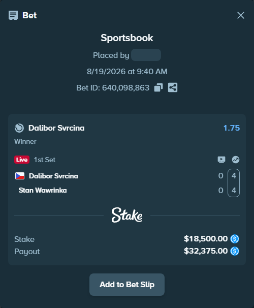 Bet slip: Dalibor Svrcina - Stan Wawrinka, $18,500.00 stake at 1.75 odds, placed by kuwkuw