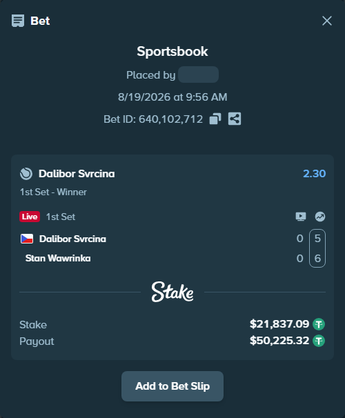 Bet slip: Dalibor Svrcina - Stan Wawrinka, $21,858.93 stake at 2.30 odds, placed by DooDLeZ1love