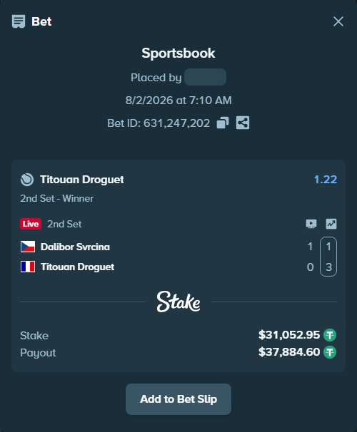 Bet slip: Dalibor Svrcina - Titouan Droguet, $31,084.00 stake at 1.22 odds, placed by antoniku