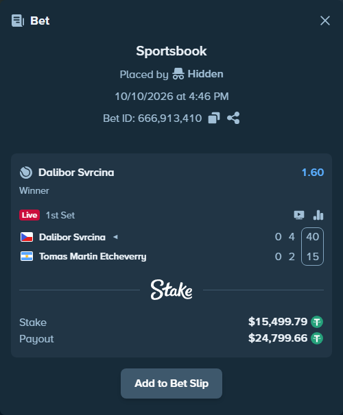 Bet slip: Dalibor Svrcina - Tomas Martin Etcheverry, $15,515.29 stake at 1.60 odds, placed by Hidden