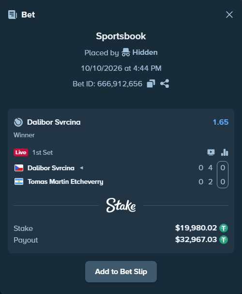 Bet slip: Dalibor Svrcina - Tomas Martin Etcheverry, $20,000.00 stake at 1.65 odds, placed by Zuko223
