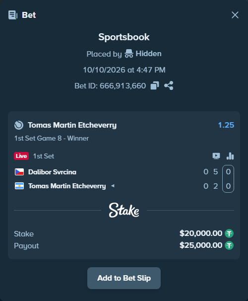 Bet slip: Dalibor Svrcina - Tomas Martin Etcheverry, $20,020.00 stake at 1.25 odds, placed by Hidden