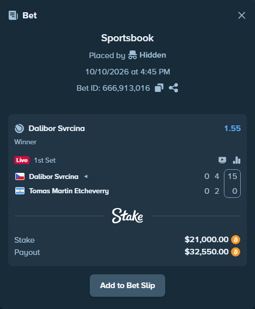 Bet slip: Dalibor Svrcina - Tomas Martin Etcheverry, $21,010.16 stake at 1.55 odds, placed by Dzokoichoi