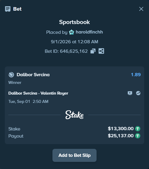 Bet slip: Dalibor Svrcina - Valentin Royer, $13,300.00 stake at 1.89 odds, placed by haroldfinchh