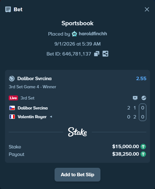 Bet slip: Dalibor Svrcina - Valentin Royer, $15,000.00 stake at 2.55 odds, placed by haroldfinchh