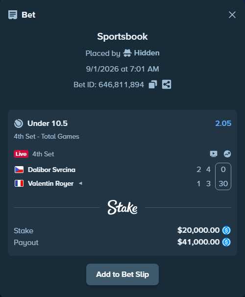 Bet slip: Dalibor Svrcina - Valentin Royer, $20,000.00 stake at 2.05 odds, placed by Hidden