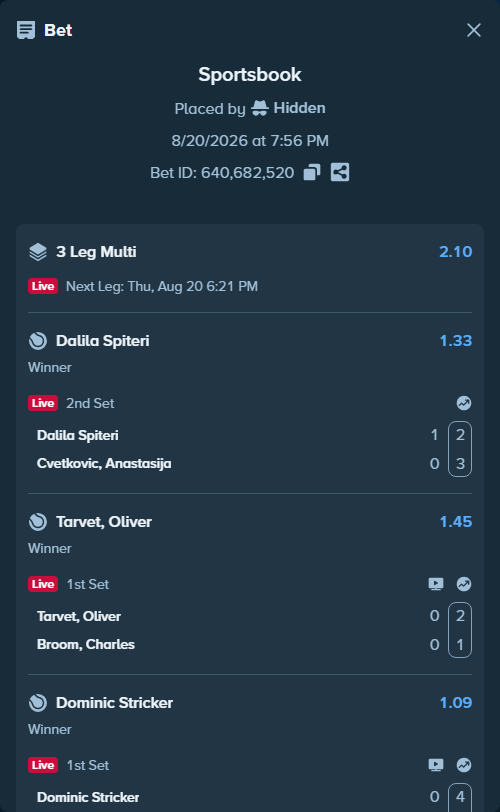 Bet slip: Dalila Spiteri - Cvetkovic, Anastasija, $22,329.00 stake at 1.33 odds, placed by Hidden