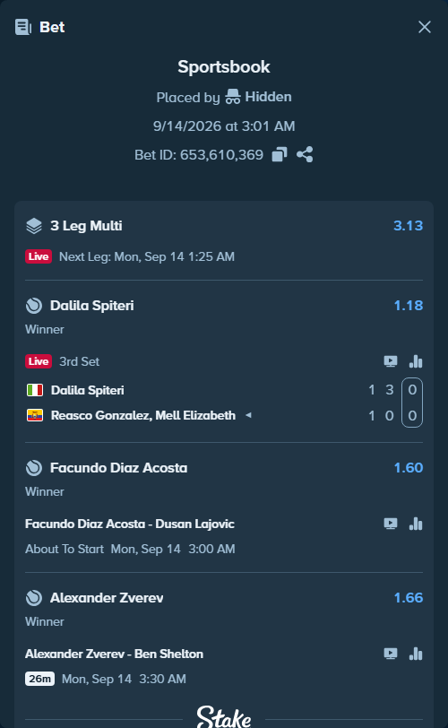 Bet slip: Dalila Spiteri - Reasco Gonzalez, Mell Elizabeth, $20,214.00 stake at 1.18 odds, placed by Hidden
