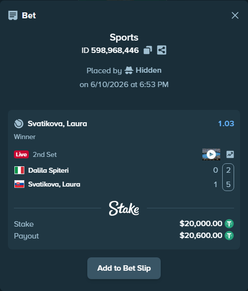Bet slip: Dalila Spiteri - Svatikova, Laura, $20,020.00 stake at 1.03 odds, placed by Hidden