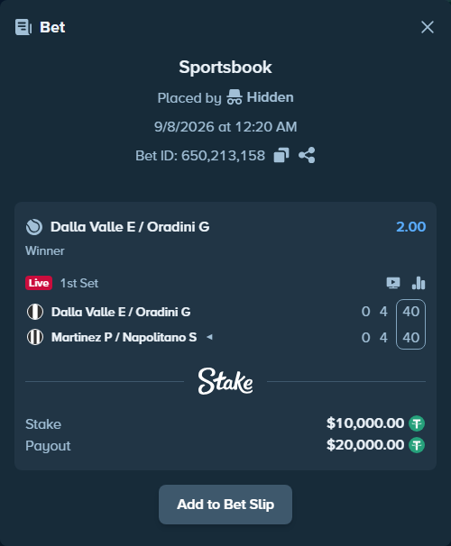 Bet slip: Dalla Valle E / Oradini G - Martinez P / Napolitano S, $10,000.00 stake at 2.00 odds, placed by Hidden