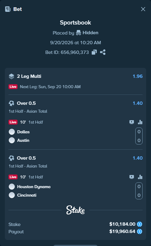 Bet slip: Dallas - Austin, $10,184.00 stake at 1.40 odds, placed by Hidden
