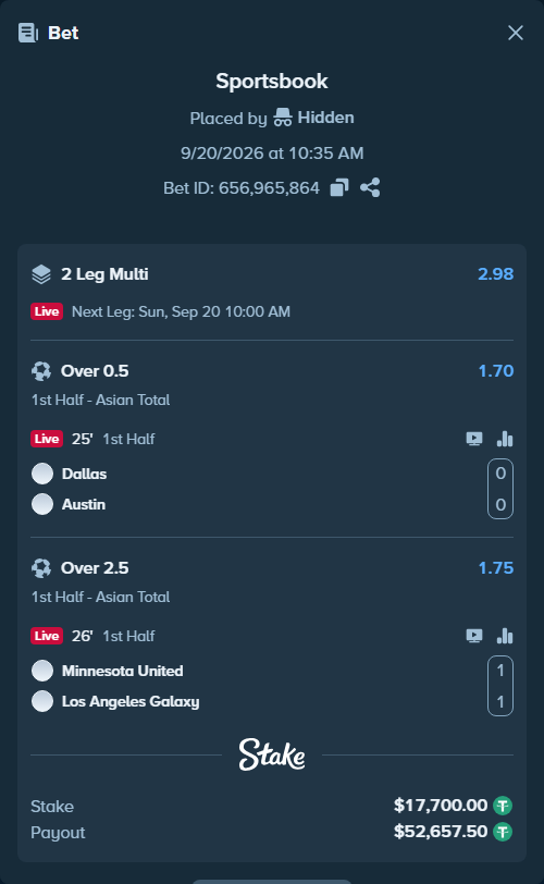 Bet slip: Dallas - Austin, $17,700.00 stake at 1.70 odds, placed by Hidden
