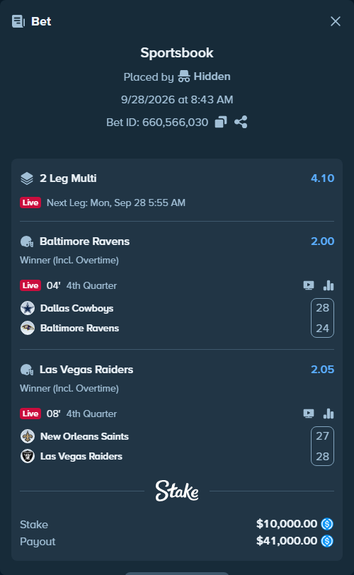 Bet slip: Dallas Cowboys - Baltimore Ravens, $10,000.00 stake at 2.00 odds, placed by Tommypickles0