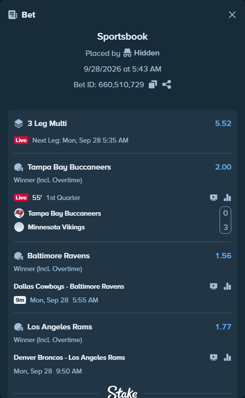 Bet slip: Dallas Cowboys - Baltimore Ravens, $13,000.00 stake at 1.56 odds, placed by dc913