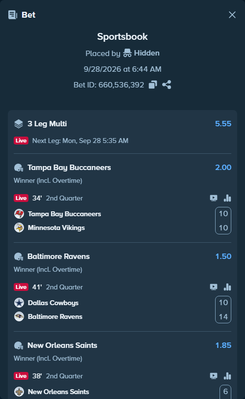 Bet slip: Dallas Cowboys - Baltimore Ravens, $31,582.57 stake at 1.50 odds, placed by Tommypickles0