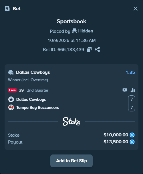 Bet slip: Dallas Cowboys - Tampa Bay Buccaneers, $10,000.00 stake at 1.35 odds, placed by mathiasjuel