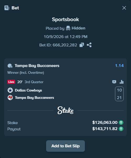Bet slip: Dallas Cowboys - Tampa Bay Buccaneers, $126,189.06 stake at 1.14 odds, placed by Hidden
