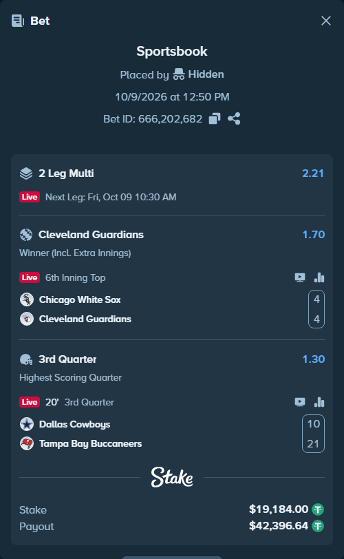 Bet slip: Dallas Cowboys - Tampa Bay Buccaneers, $19,203.18 stake at 1.30 odds, placed by fhv166151